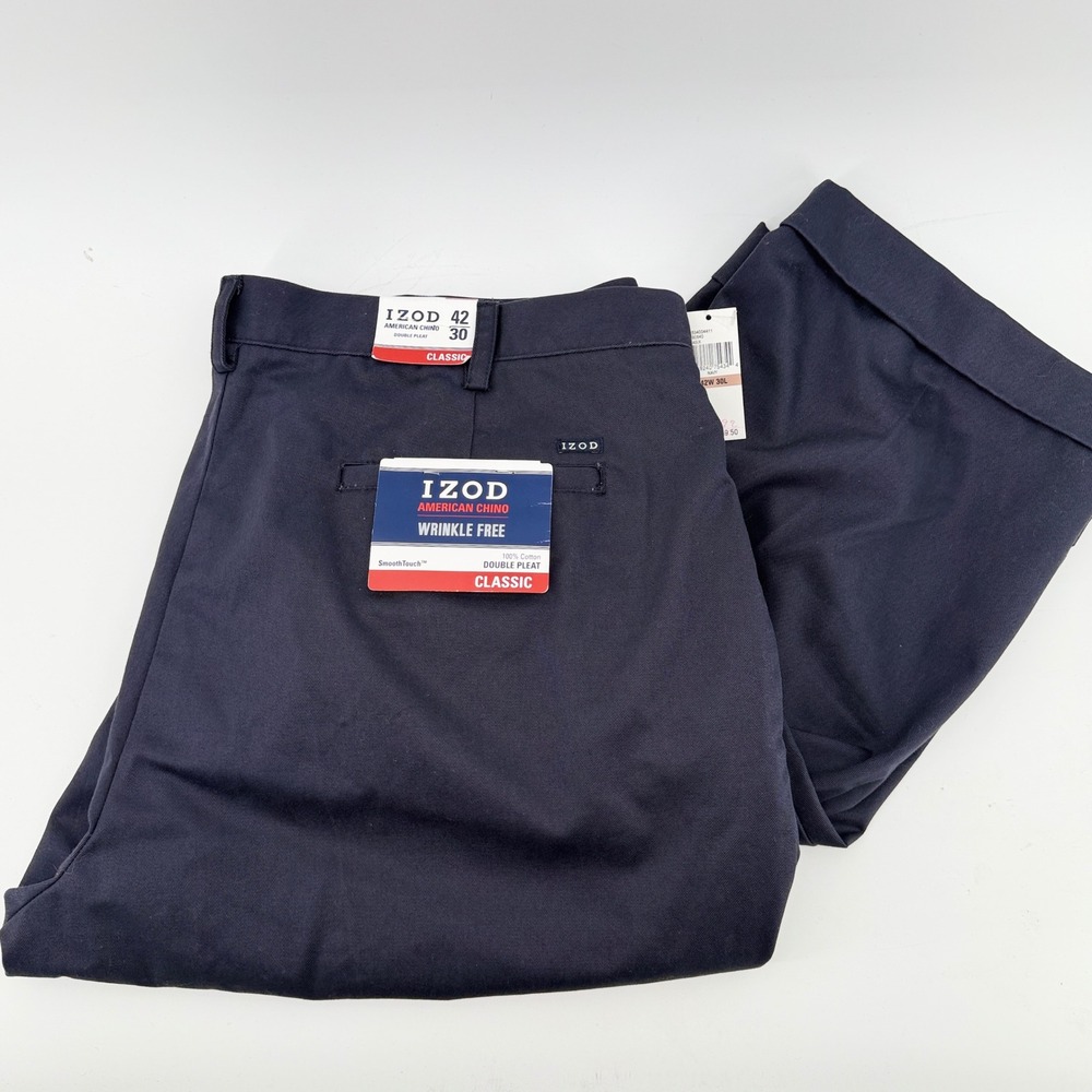 IZOD American Chino Mens 42x30 Navy Blue Double Pleat Wrinkle Free Classic Pants